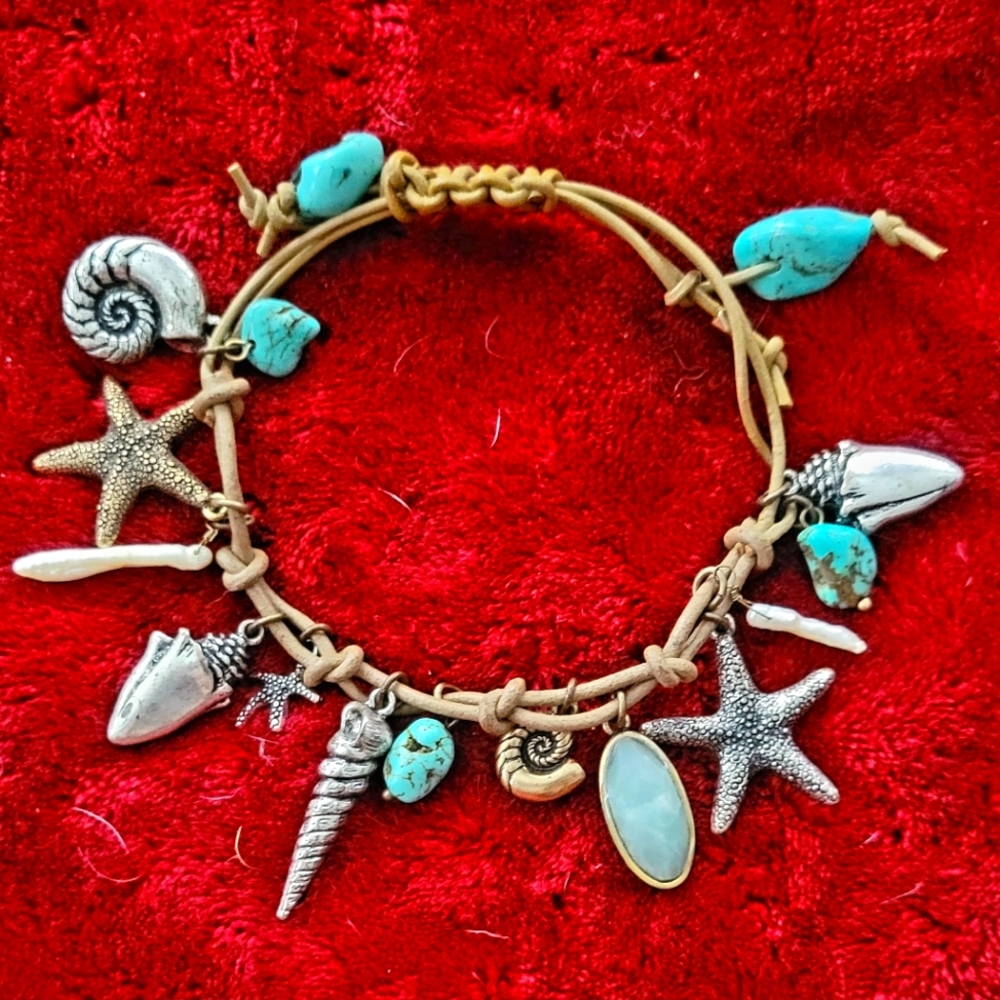 Lucky Brand Ocean Sea shells starfish adjustable leather bracelet